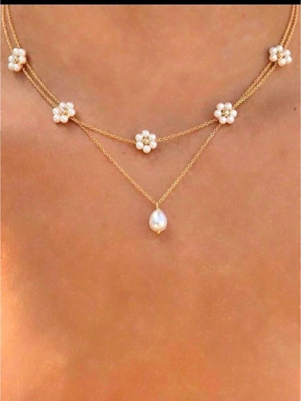 New Gold Floral Pearl Pendant Necklace